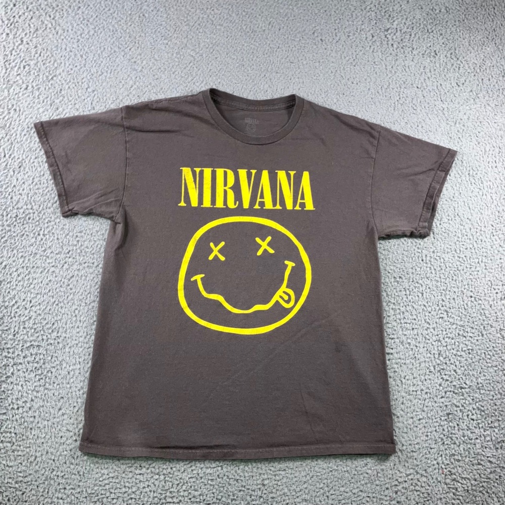 Nirvana Graphic Tee Men L Charcoal Grey Yellow Smiley Face Logo S/S Band Tee